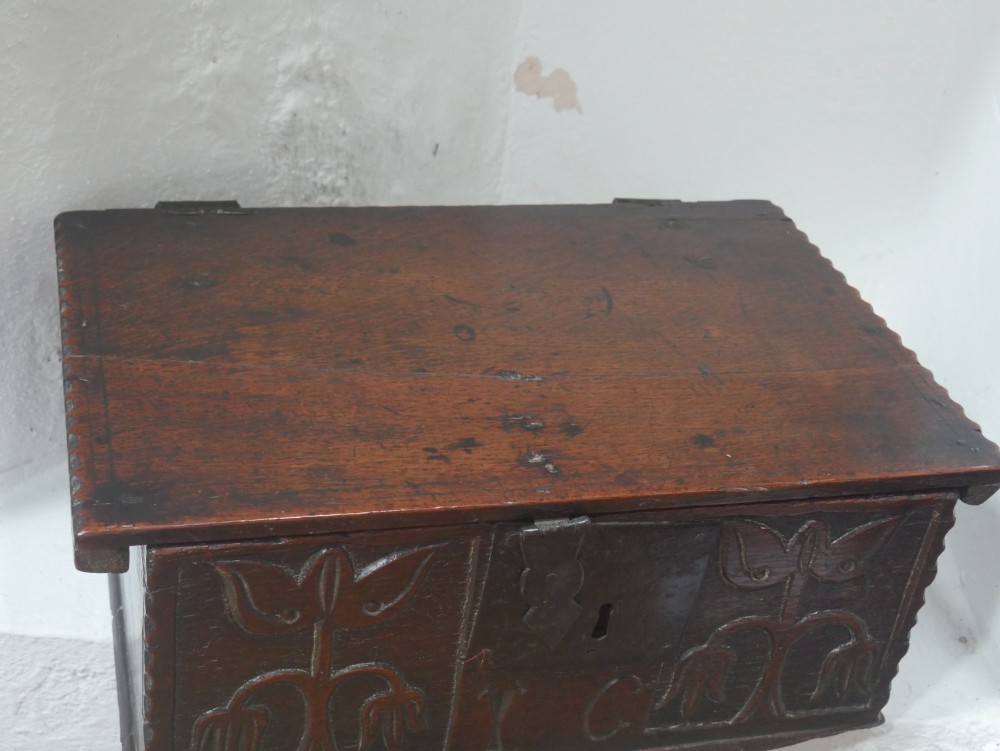 A dark carved oak box with hand-carved botanical motifs on the front panel and a central iron lockplate. View VI