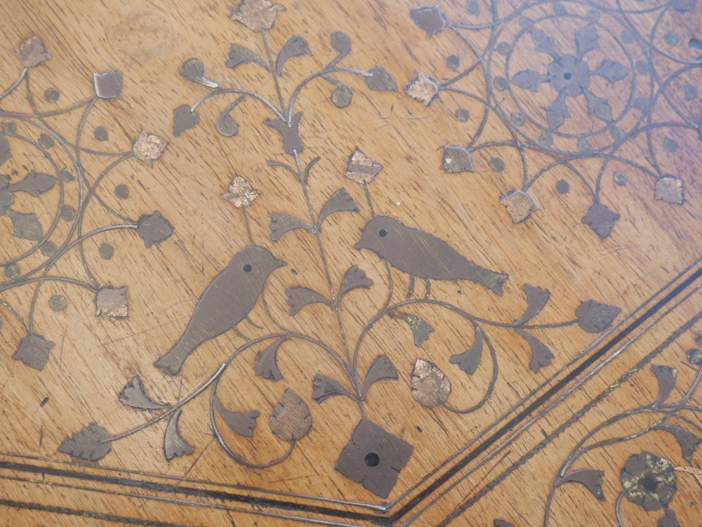 An octagonal Anglo-Indian dark wood side table decorated with intricate bone inlay patterns and pierced jali lattice arches. View VI
