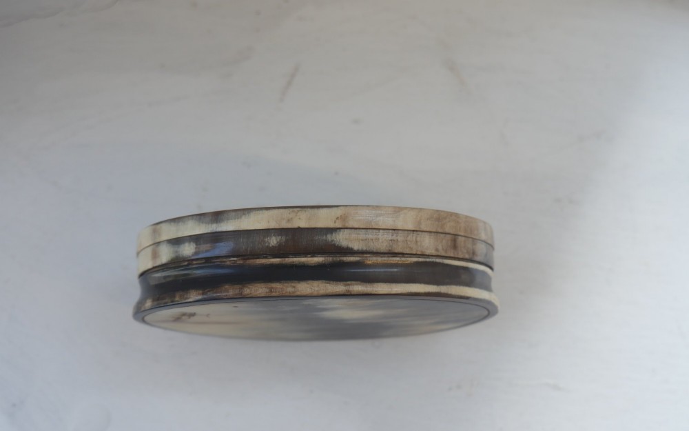 An oval antique snuff box crafted from polished natural horn showing variegated cream, amber, and dark brown mottling. View III