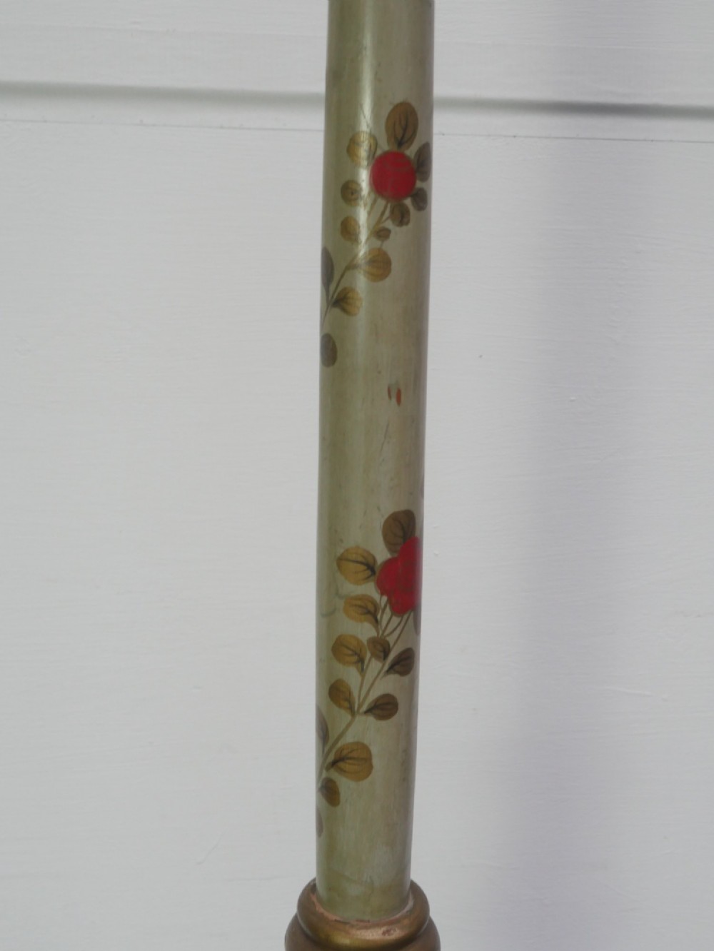 A tall turned wood standard floor lamp featuring hand-painted sage green chinoiserie decoration with figures, floral motifs, and gilt highlights. View III