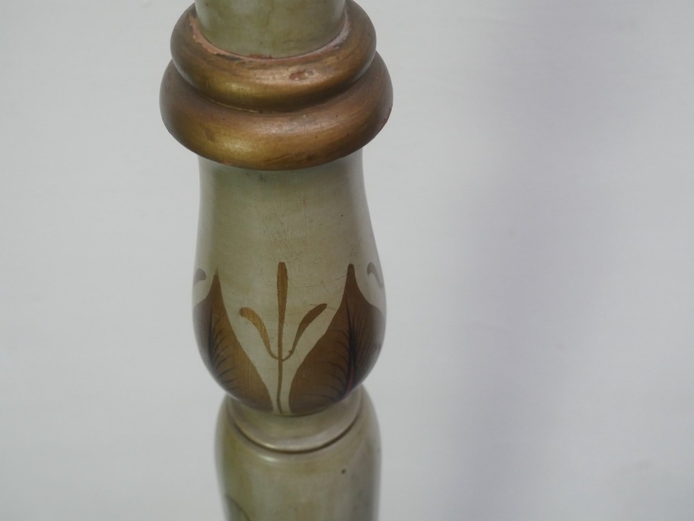 A tall turned wood standard floor lamp featuring hand-painted sage green chinoiserie decoration with figures, floral motifs, and gilt highlights. View IV