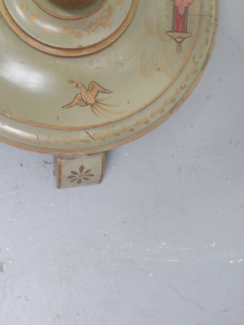 A tall turned wood standard floor lamp featuring hand-painted sage green chinoiserie decoration with figures, floral motifs, and gilt highlights. View V