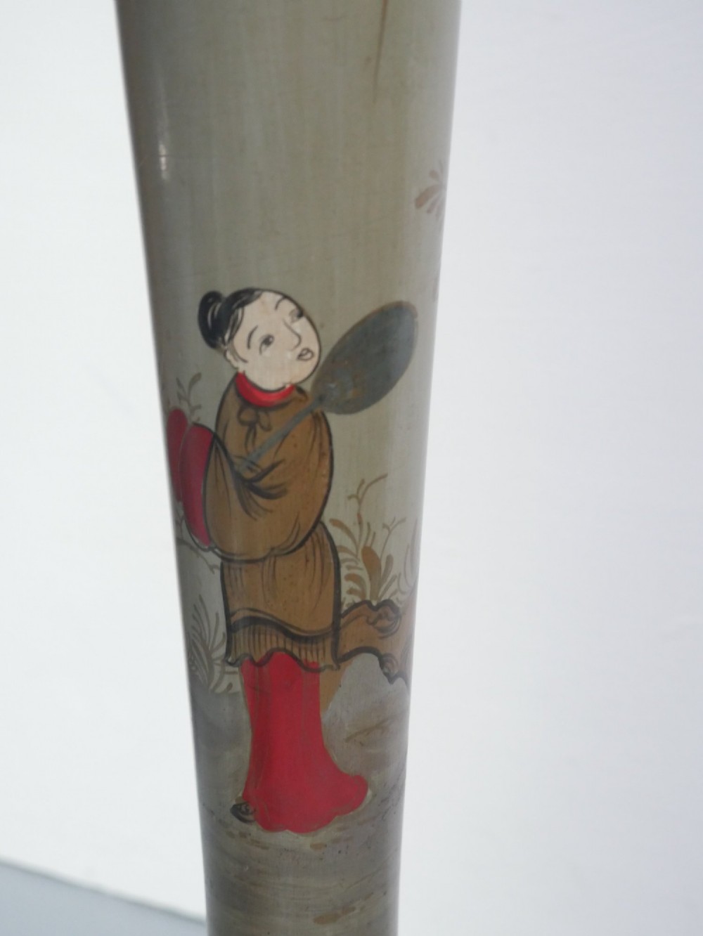 A tall turned wood standard floor lamp featuring hand-painted sage green chinoiserie decoration with figures, floral motifs, and gilt highlights. View VIII
