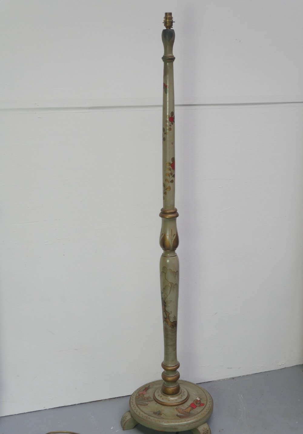 A tall turned wood standard floor lamp featuring hand-painted sage green chinoiserie decoration with figures, floral motifs, and gilt highlights. View IX