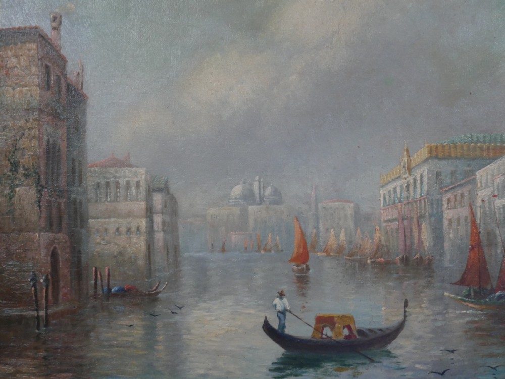 An antique oil painting depicting the Grand Canal in Venice with gondolas and historic buildings, encased in a textured gold gilded frame. View II