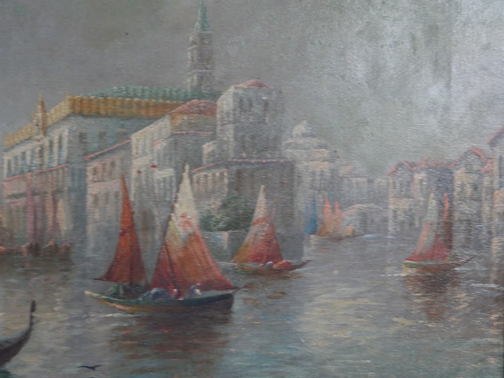 An antique oil painting depicting the Grand Canal in Venice with gondolas and historic buildings, encased in a textured gold gilded frame. View III
