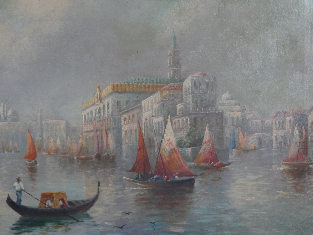 An antique oil painting depicting the Grand Canal in Venice with gondolas and historic buildings, encased in a textured gold gilded frame. View V