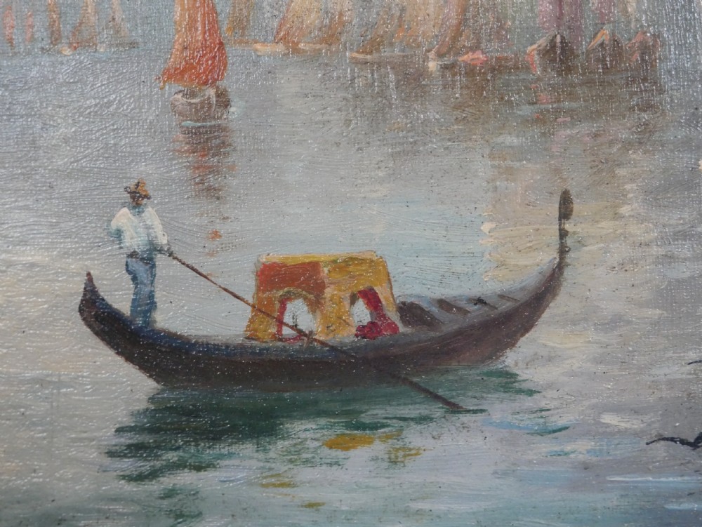 An antique oil painting depicting the Grand Canal in Venice with gondolas and historic buildings, encased in a textured gold gilded frame. View VIII