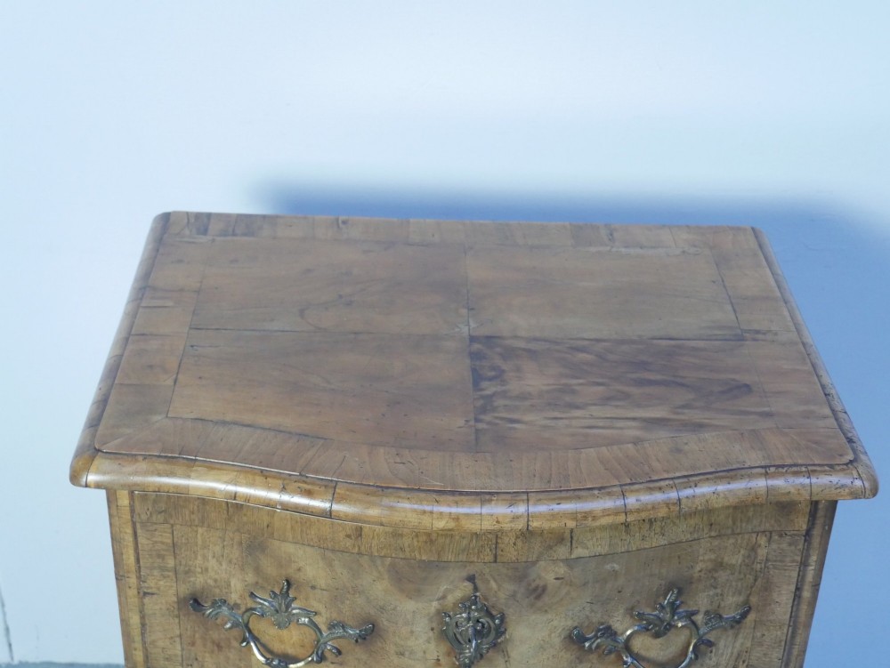 An 18th-century Swedish wooden commode featuring two bow-fronted drawers, ornamental brass handles, escutcheons, and curved lower legs. View III