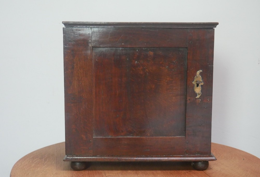 An 18th-century dark oak spice cupboard with a single fielded panel door, brass escutcheon, and bun feet. View IX
