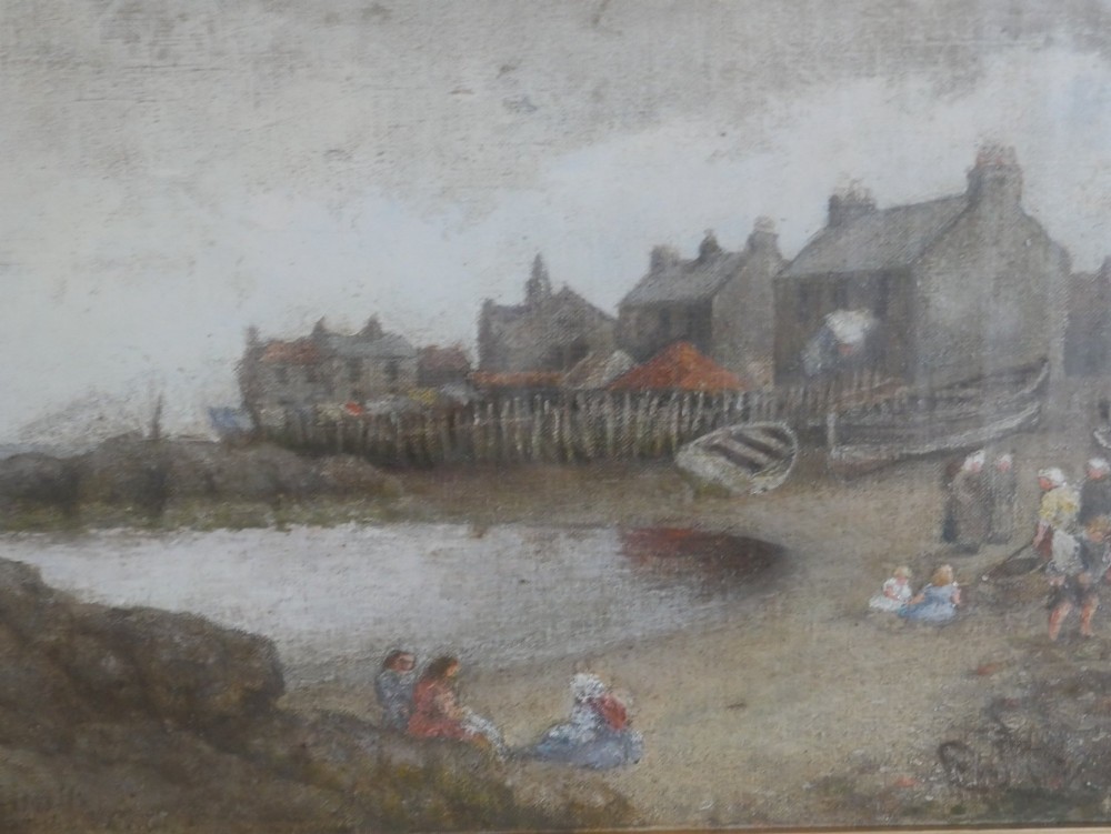 An antique oil painting depicting a coastal village harbour scene with figures along the shore, displayed within an ornate gold swept frame. View II