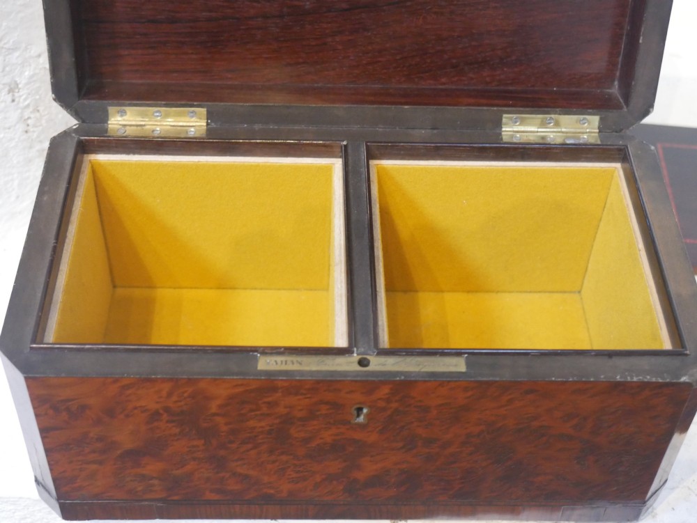 A 19th-century French amboyna wood box featuring canted corners, brass edging, and central brass inlay on the lid. View IV