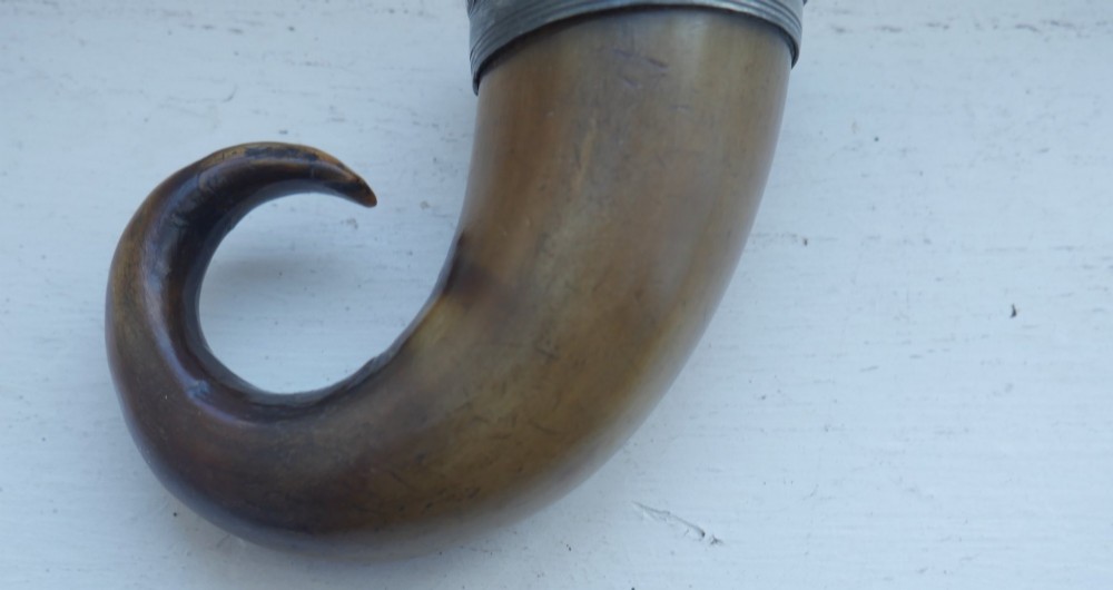 A curved brown horn snuff mull with a fitted metal rim and lid resting on a light surface. View VI