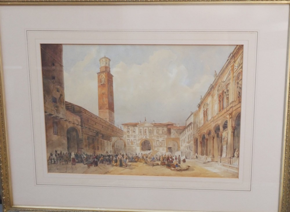A framed 19th-century watercolour painting depicting a historic Italian piazza with an ornate tower, arched arcade, and market figures.