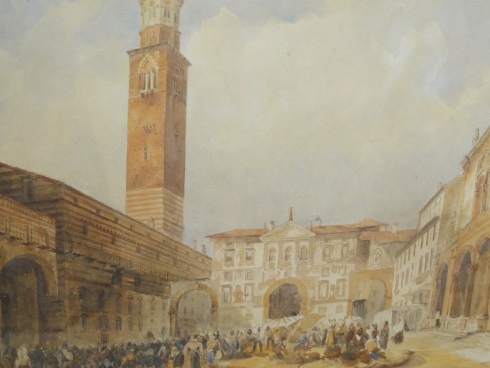 A framed 19th-century watercolour painting depicting a historic Italian piazza with an ornate tower, arched arcade, and market figures. View II