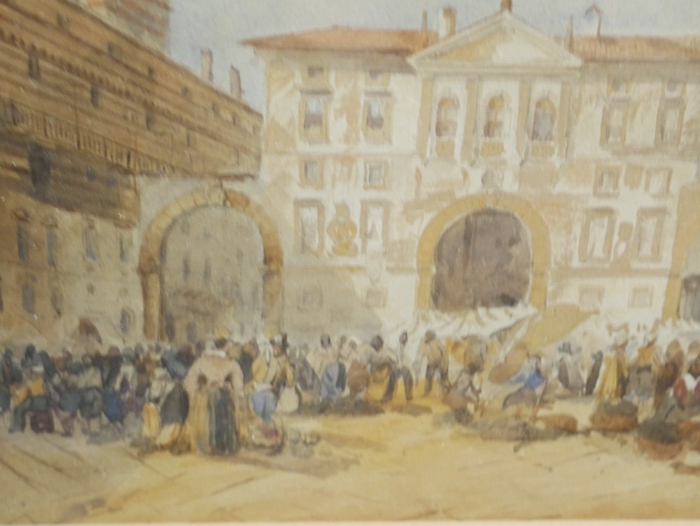A framed 19th-century watercolour painting depicting a historic Italian piazza with an ornate tower, arched arcade, and market figures. View III