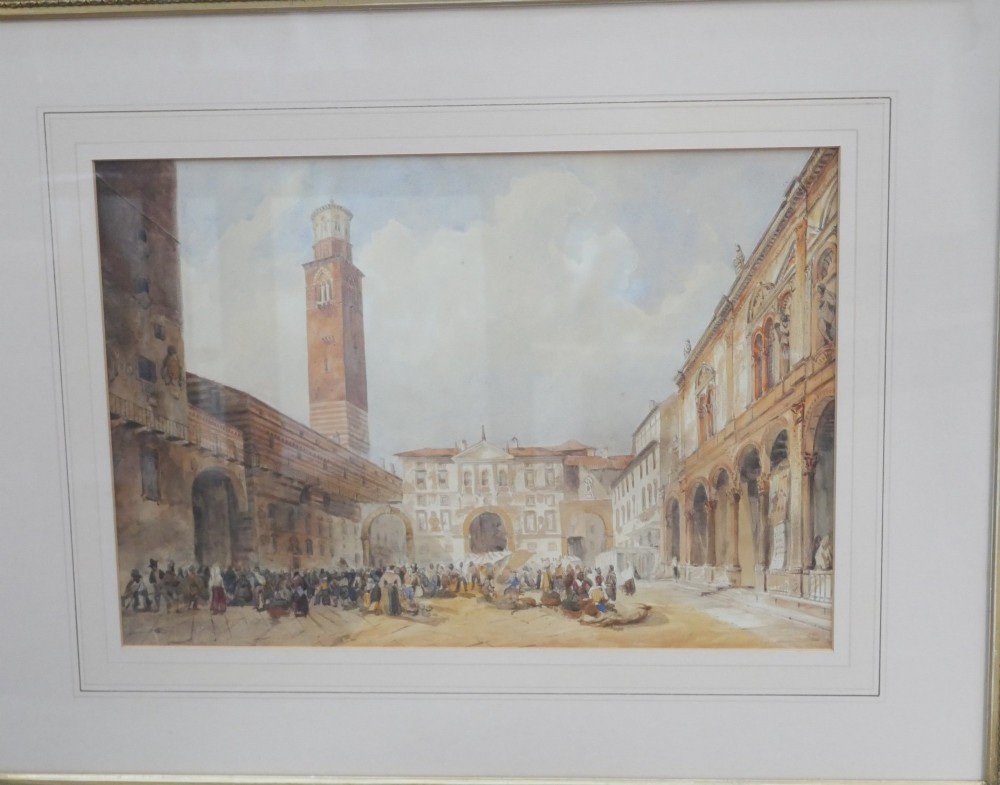 A framed 19th-century watercolour painting depicting a historic Italian piazza with an ornate tower, arched arcade, and market figures. View V