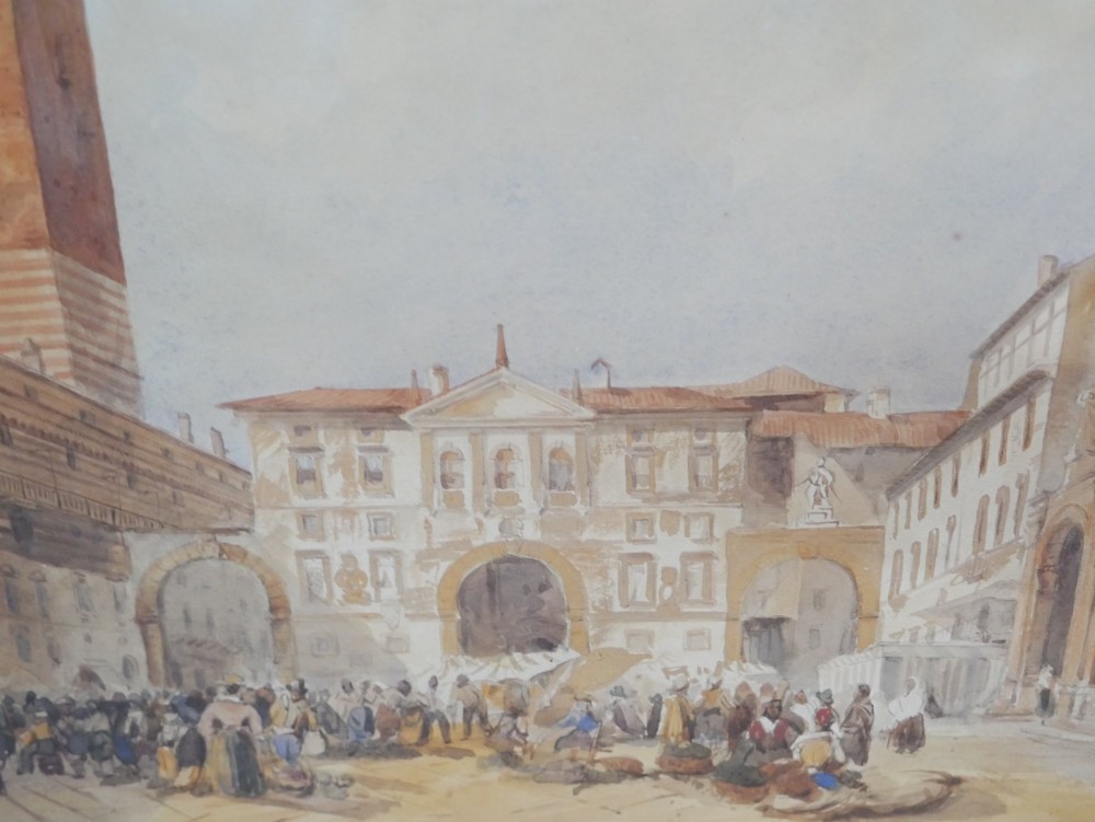 A framed 19th-century watercolour painting depicting a historic Italian piazza with an ornate tower, arched arcade, and market figures. View VI