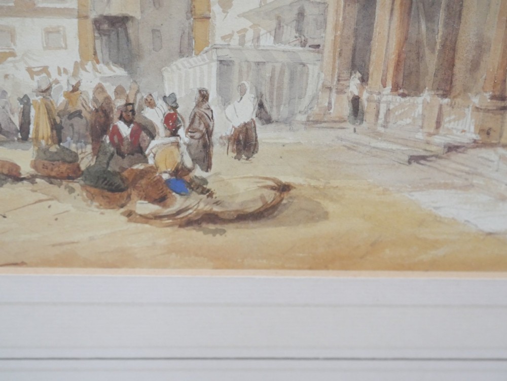 A framed 19th-century watercolour painting depicting a historic Italian piazza with an ornate tower, arched arcade, and market figures. View VIII