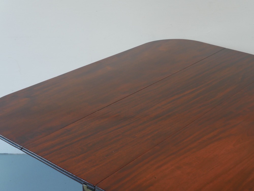 A large antique Regency mahogany extending dining table featuring rounded corners, removable leaves, and reeded legs with brass castors. View XIII