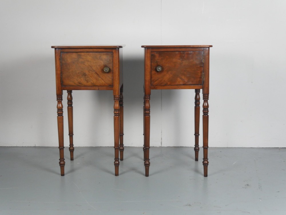 A matching pair of tall mahogany Regency bedside cupboards featuring single panel doors with small handles and slim turned legs. View IX