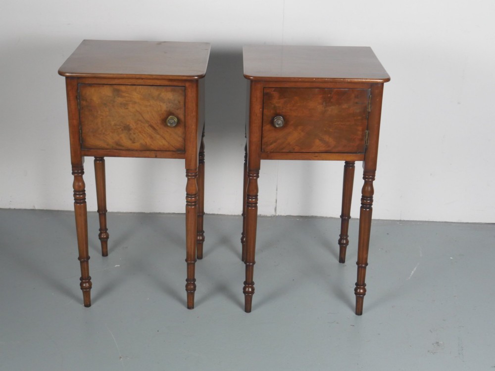 A matching pair of tall mahogany Regency bedside cupboards featuring single panel doors with small handles and slim turned legs. View X