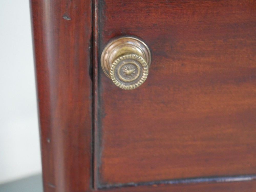 A matched pair of dark mahogany Regency bedside cupboards featuring gallery tops, single cupboard doors, lower drawers, reeded legs, and brass castors. View XII