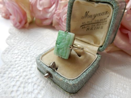 art deco sterling silver carved jade ring us size 5 14 uk l - CATEGORY: ANTIQUE JEWELLERY - DATED 1930