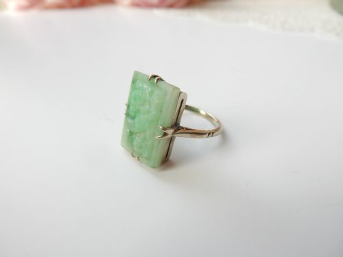 ART DECO STERLING SILVER CARVED JADE RING US SIZE 5 14 UK L - ADDITIONAL PHOTO 1