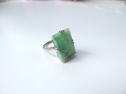 ART DECO STERLING SILVER CARVED JADE RING US SIZE 5 14 UK L - ADDITIONAL PHOTO 3