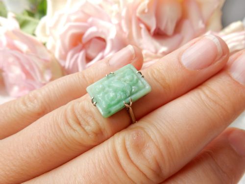 ART DECO STERLING SILVER CARVED JADE RING US SIZE 5 14 UK L - ADDITIONAL PHOTO 8
