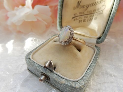 antique 18ct gold opal diamond ring - CATEGORY: ANTIQUE JEWELLERY - DATED 1920