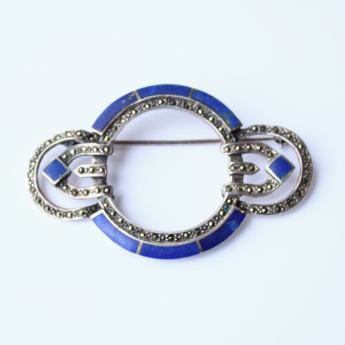 art deco sterling silver lapis lazuli marcasite statement brooch - CATEGORY: ANTIQUE JEWELLERY - DATED 1930