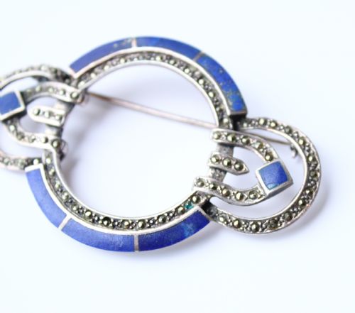 ART DECO STERLING SILVER LAPIS LAZULI MARCASITE STATEMENT BROOCH - ADDITIONAL PHOTO 2