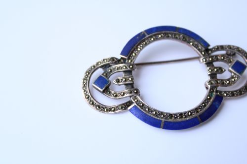 ART DECO STERLING SILVER LAPIS LAZULI MARCASITE STATEMENT BROOCH - ADDITIONAL PHOTO 3