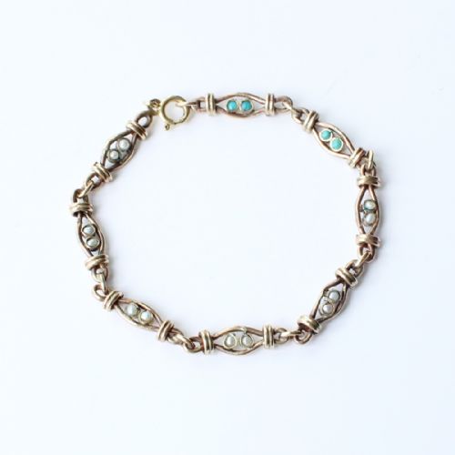 ANTIQUE 9CT GOLD TURQUOISE PEARL BRACELET - ADDITIONAL PHOTO 1