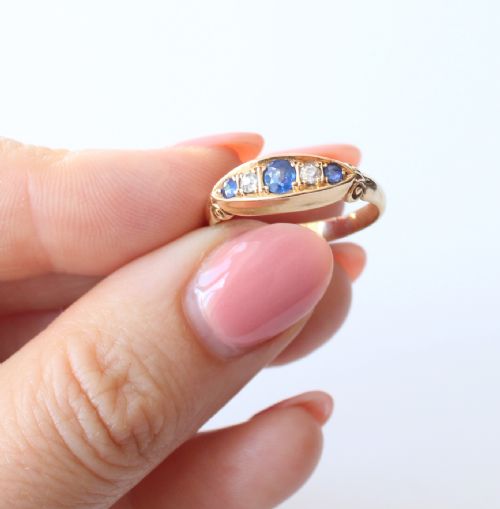 ANTIQUE 18CT GOLD SAPPHIRE DIAMOND BOAT RING - ADDITIONAL PHOTO 5