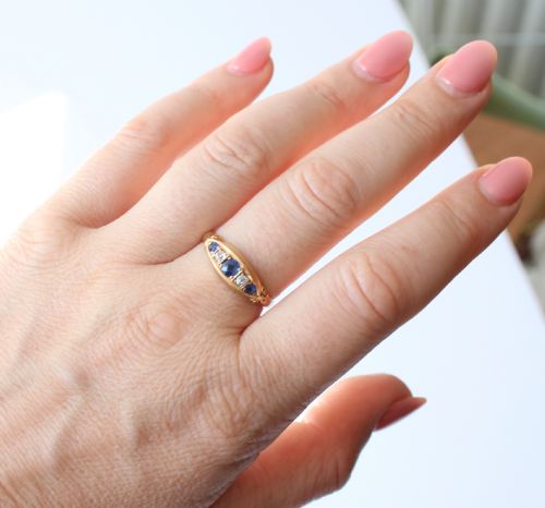 ANTIQUE 18CT GOLD SAPPHIRE DIAMOND BOAT RING - ADDITIONAL PHOTO 6
