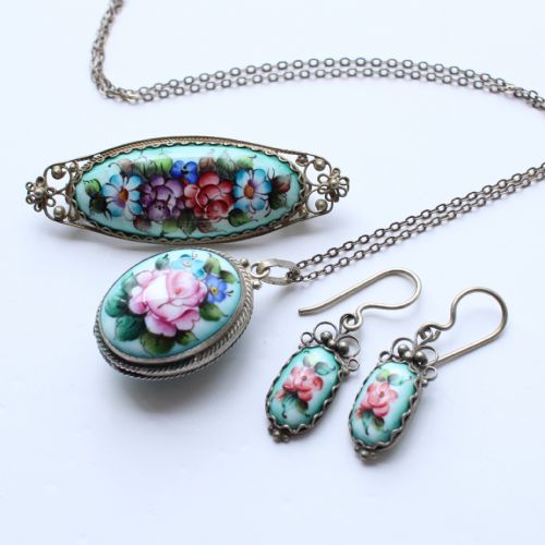 ANTIQUE SILVER FILIGREE PORCELAIN PAINTED FLOWER JEWEL SET EARRINGS LOCKET BROOCH - ADDITIONAL PHOTO 1