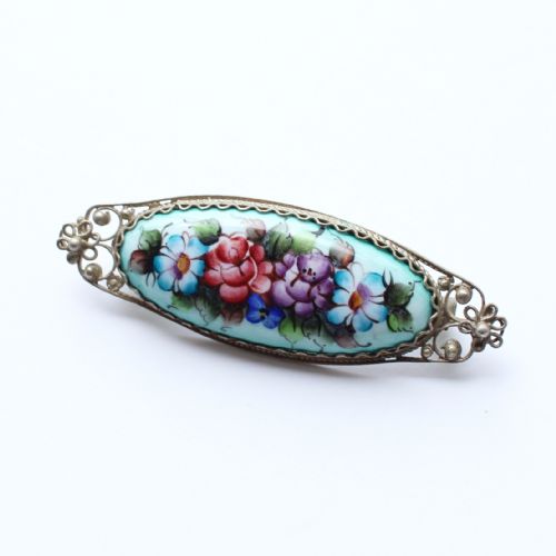 ANTIQUE SILVER FILIGREE PORCELAIN PAINTED FLOWER JEWEL SET EARRINGS LOCKET BROOCH - ADDITIONAL PHOTO 2