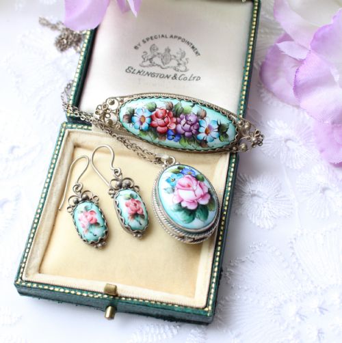 ANTIQUE SILVER FILIGREE PORCELAIN PAINTED FLOWER JEWEL SET EARRINGS LOCKET BROOCH - ADDITIONAL PHOTO 4