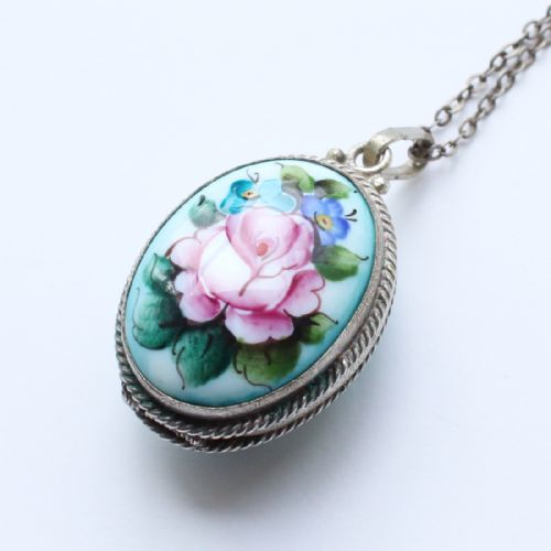 ANTIQUE SILVER FILIGREE PORCELAIN PAINTED FLOWER JEWEL SET EARRINGS LOCKET BROOCH - ADDITIONAL PHOTO 5