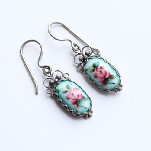 ANTIQUE SILVER FILIGREE PORCELAIN PAINTED FLOWER JEWEL SET EARRINGS LOCKET BROOCH - ADDITIONAL PHOTO 6