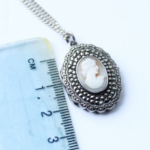 ANTIQUE CARVED SHELL CAMEO LADY LOCKET ADORNED WITH MARCASITES - ADDITIONAL PHOTO 2