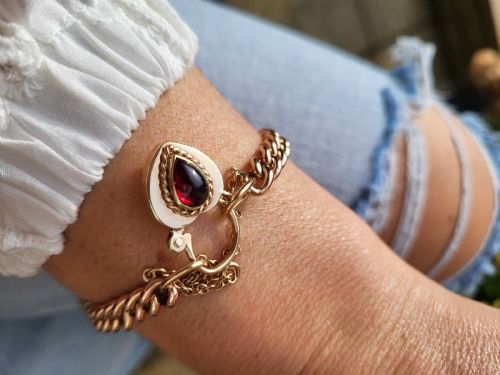 ANTIQUE 9CT ROSE GOLD BRACELET WITH GARNET HEART PADLOCK 288GRAMS - ADDITIONAL PHOTO 1