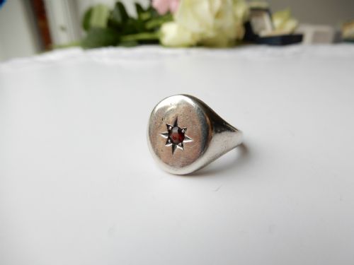 CHUNKY ANTIQUE SOLID SILVER GARNET SIGNET RING - ADDITIONAL PHOTO 1