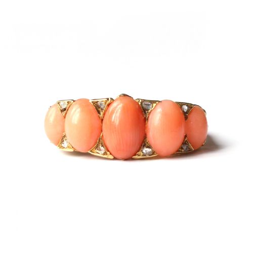 ANTIQUE 18CT GOLD CORAL DIAMOND BOAT RING - ADDITIONAL PHOTO 1