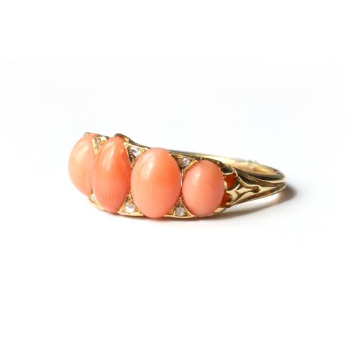 ANTIQUE 18CT GOLD CORAL DIAMOND BOAT RING - ADDITIONAL PHOTO 2