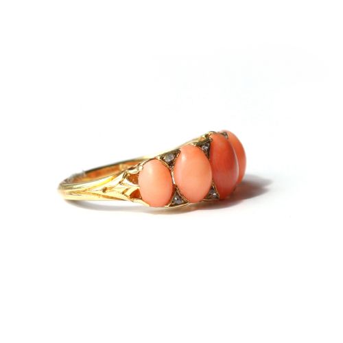 ANTIQUE 18CT GOLD CORAL DIAMOND BOAT RING - ADDITIONAL PHOTO 4