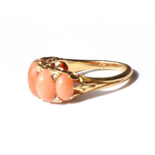 ANTIQUE 18CT GOLD CORAL DIAMOND BOAT RING - ADDITIONAL PHOTO 5